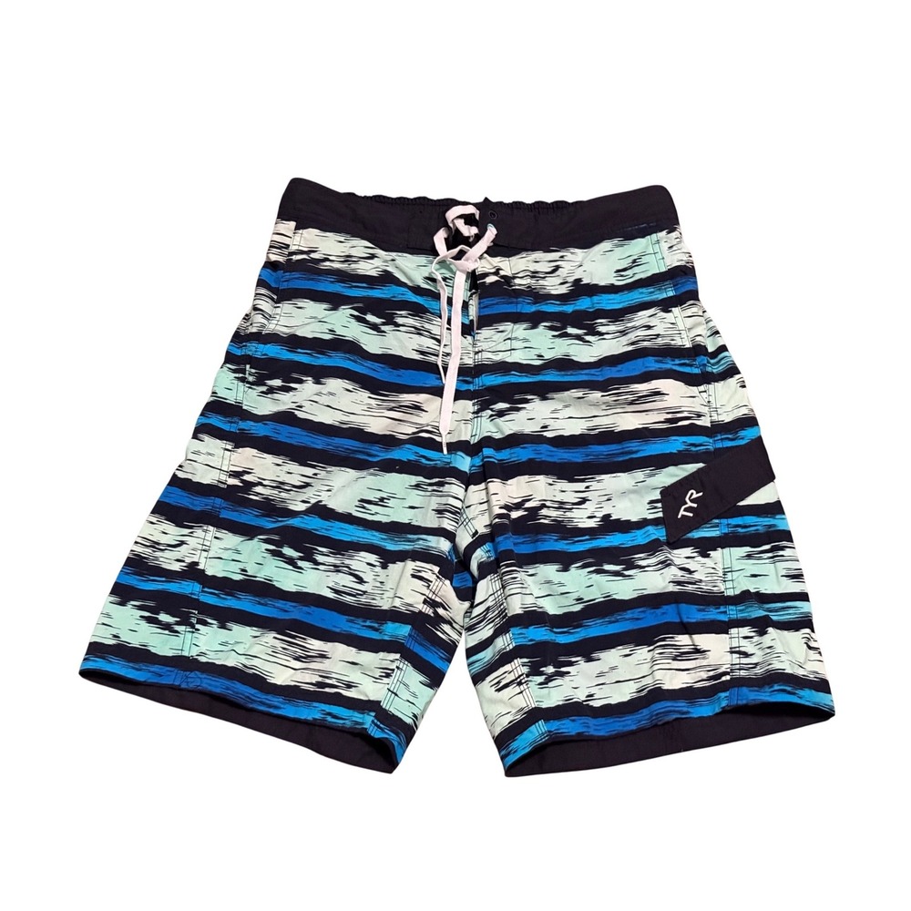 TYR Mens Swim Trunks Blue Mint Green Striped Board Shorts Medium Mesh Lined